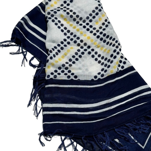 Navy White Stripe Yellow Polka Dot Fringe Scarf - Picture 4 of 5